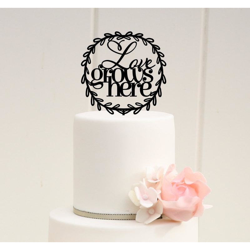 Custom Wedding Cake Topper - Love Grows Here with Rustic Frame Wedding Cake Topper - Wedding Collectibles