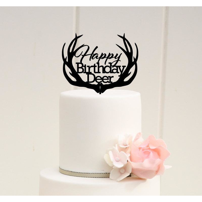 Happy Birthday Deer Antler Cake Topper - Hunting Birthday Cake Topper - Wedding Collectibles