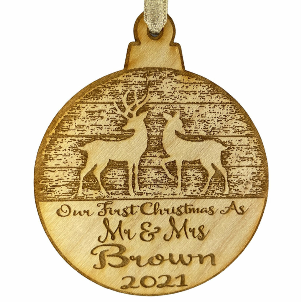Our First Christmas Married Mr & Mrs Personalized Christmas Ornament - Newlywed Reindeer Design- Year Name Engraved Our First Christmas Gift Engagement Holiday Together Wood Custom Personalized - Wedding Collectibles