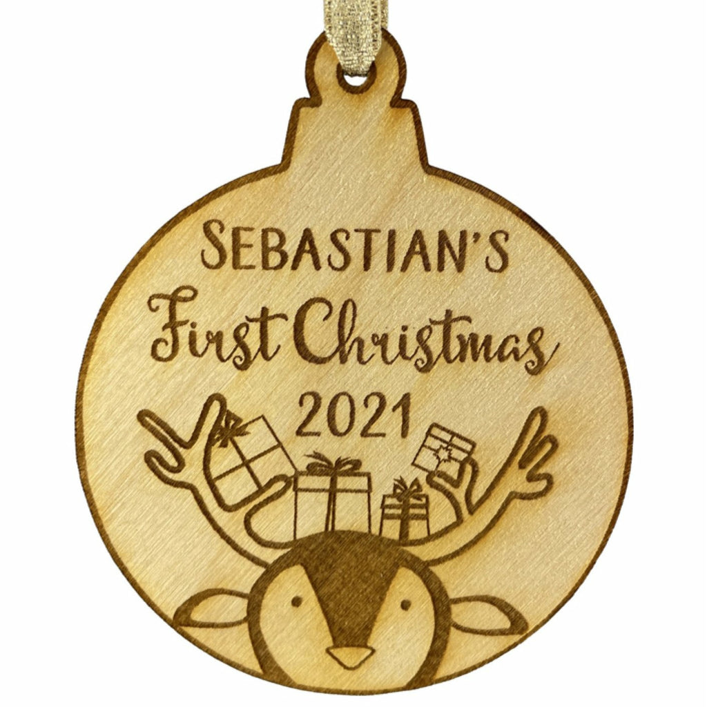 Baby's First Christmas Personalized Christmas Ornament - Baby Reindeer Design- Year and Baby's Name Engraved Baby First Christmas Gift Baby Shower Holiday Wood Custom Personalized - Wedding Collectibles