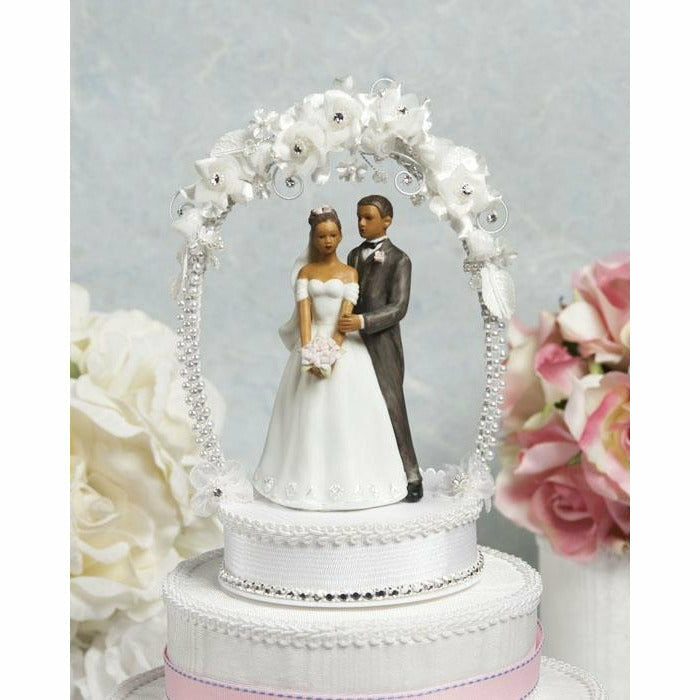 African American Sweet Flower and Crystal Arch Cake Topper - Wedding Collectibles