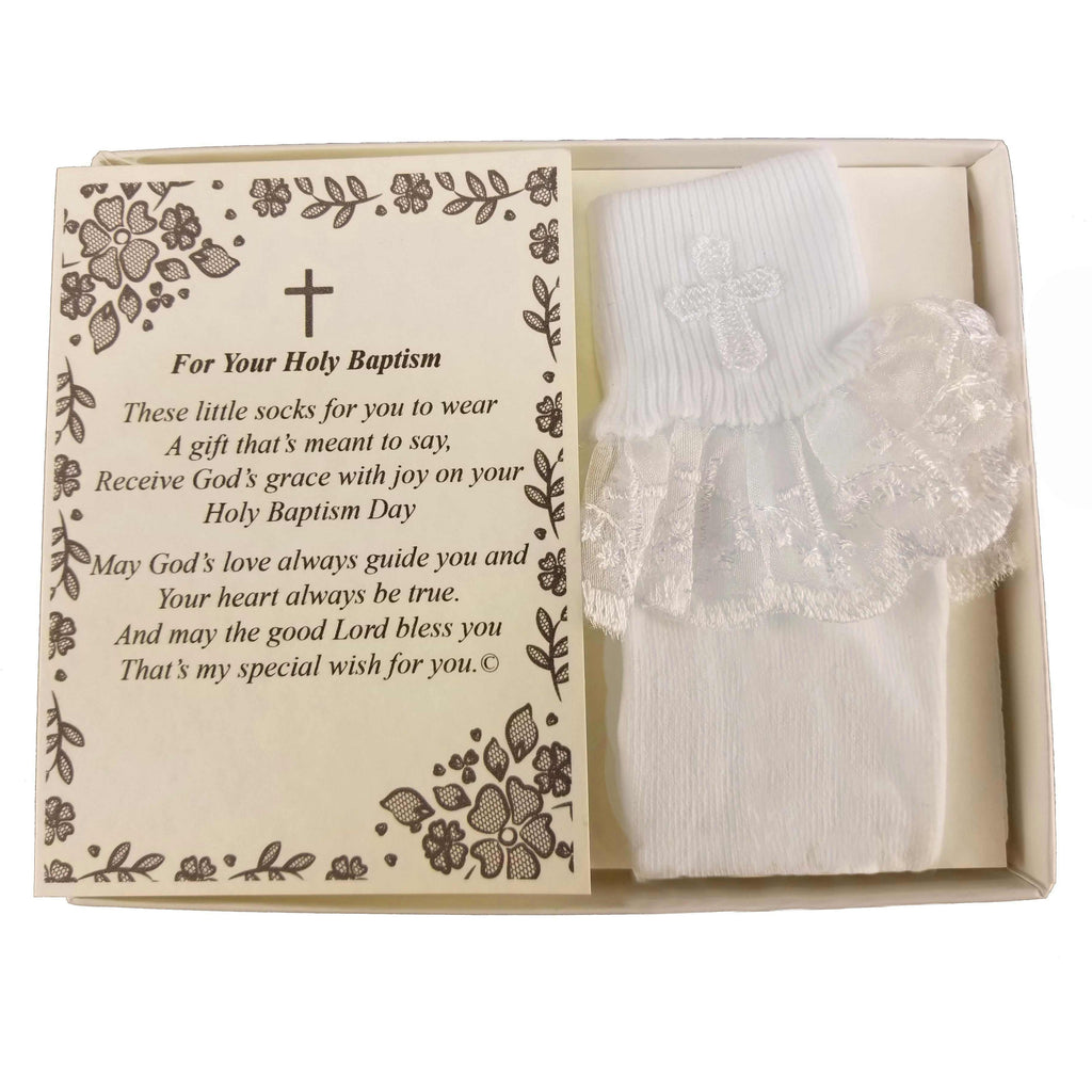 Baptism Keepsake Gift Poetry Baby Girl Socks with Ruffled Anklet Lace Embroidered Cross Design (Size: Age 1-2) - Wedding Collectibles