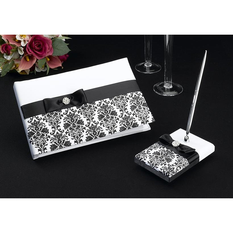 Black Damask Wedding Guestbook and Pen Set Wedding Collectibles