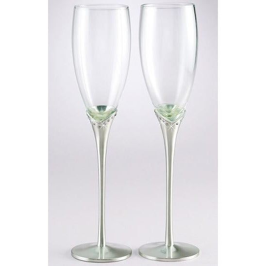 Brushed Silver Plated Tulip Stem amd Crystal Toasting Flutes - Wedding Collectibles
