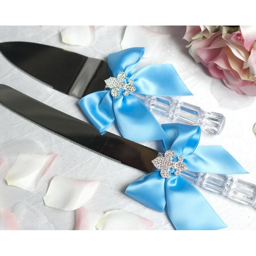 Crystal Fleur de Lis Ribbon Cake Server Set- Custom Colors! - Wedding Collectibles