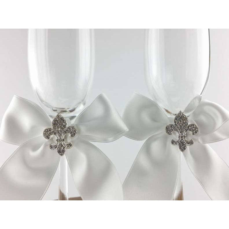 Crystal Fleur de Lis Ribbon Toasting Glasses- Custom Colors! - Wedding Collectibles
