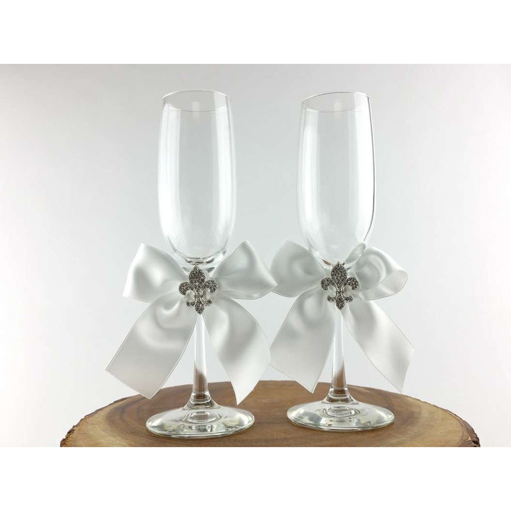 Crystal Fleur de Lis Ribbon Toasting Glasses- Custom Colors! - Wedding Collectibles