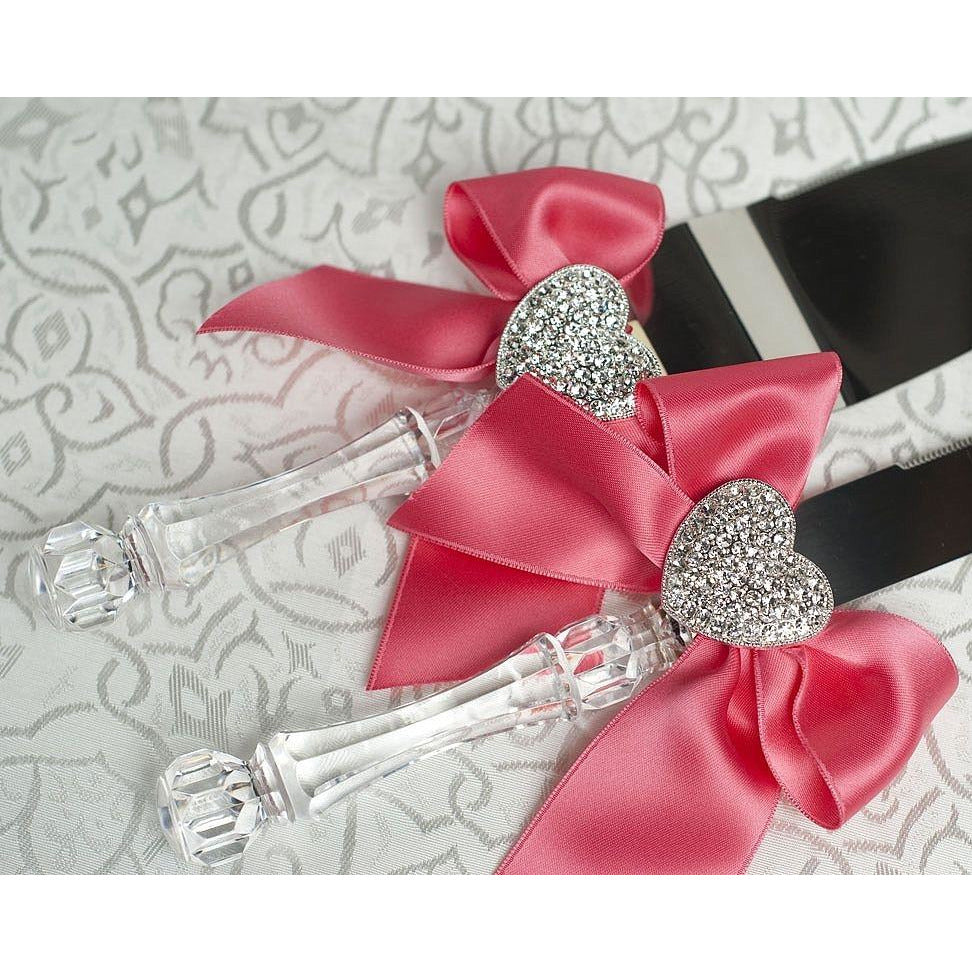 Crystal Heart Ribbon Cake Server Set- Custom Colors! - Wedding Collectibles