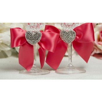 Crystal Heart Ribbon Toasting Glasses- Custom Colors! - Wedding Collectibles