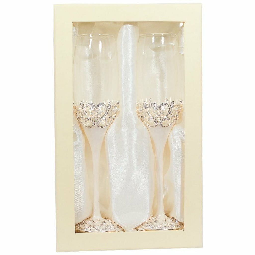 Crystal Pearl Champagne Toasting Flutes Set - Wedding Collectibles
