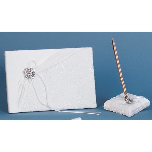 Embroidered Brooch Wedding Guestbook and Pen Set - Wedding Collectibles