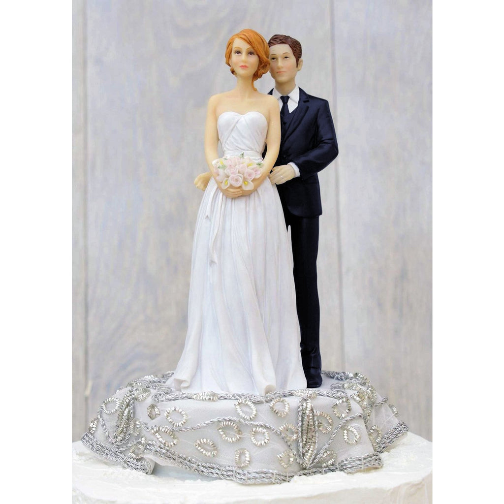Embroidered Silver Bride and Groom Wedding Cake Topper - Groom in Navy Suit - Wedding Collectibles