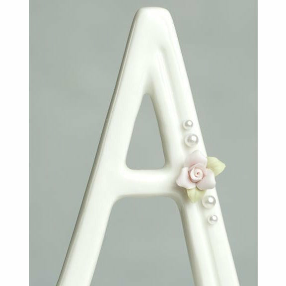 Flower and Pearl Accented Porcelain Monogram Cake Topper - Wedding Collectibles