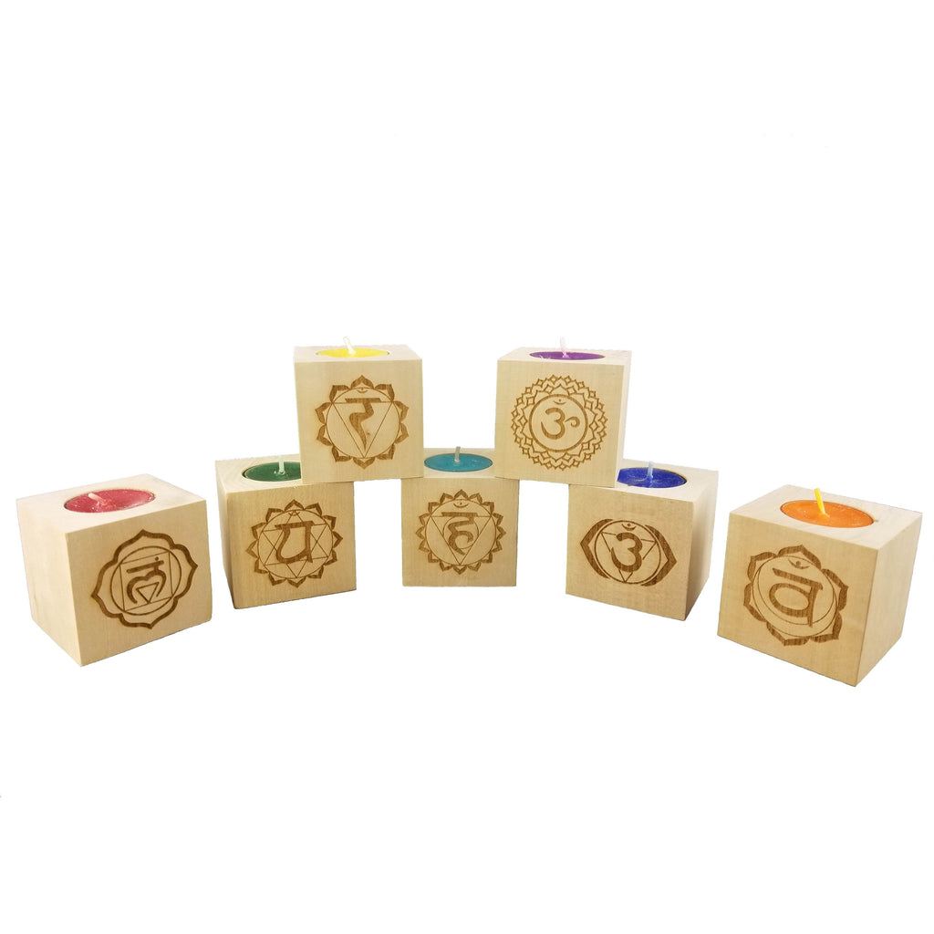 Gift Set of 7 Chakra Candles - Engraved Wood Tea Light (2.5”) - Yoga Meditation Candle - Yoga Candle - Meditation Candle - Wedding Collectibles
