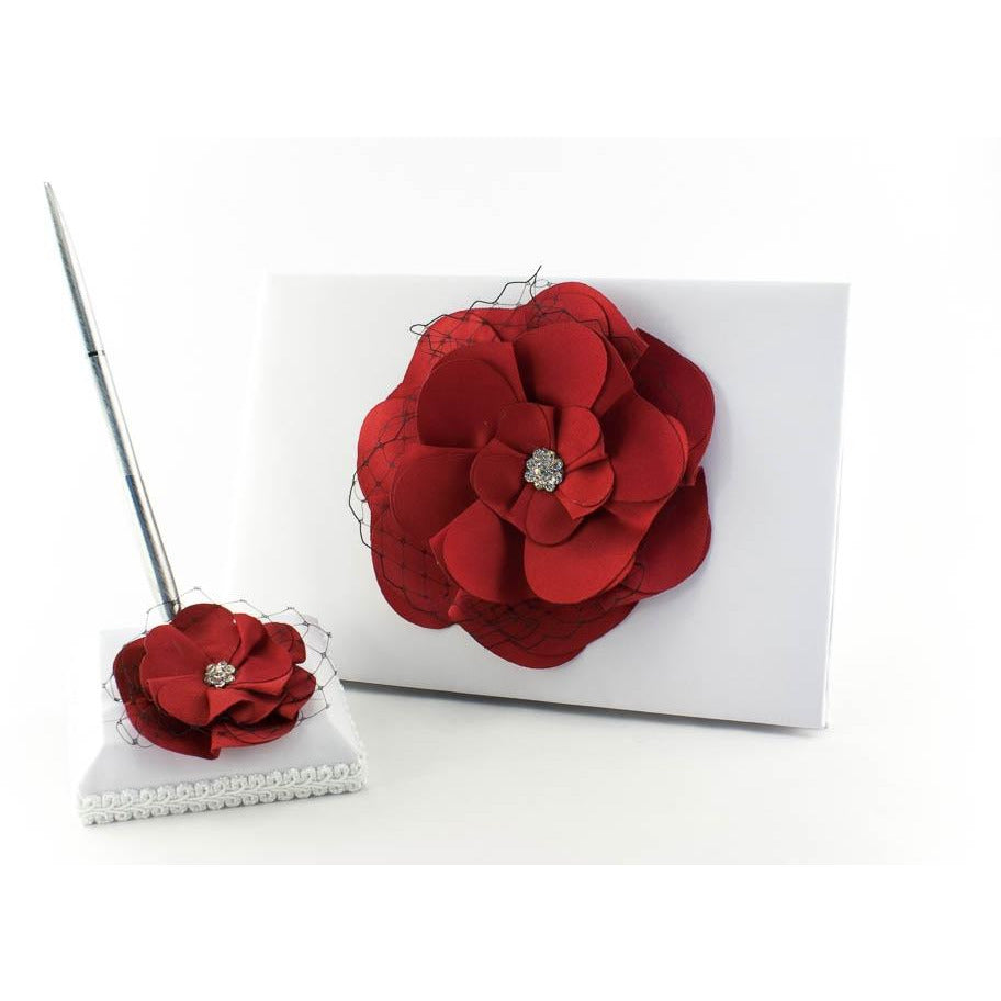 Red and Black Rose Wedding Guestbook and Pen Set - Wedding Collectibles