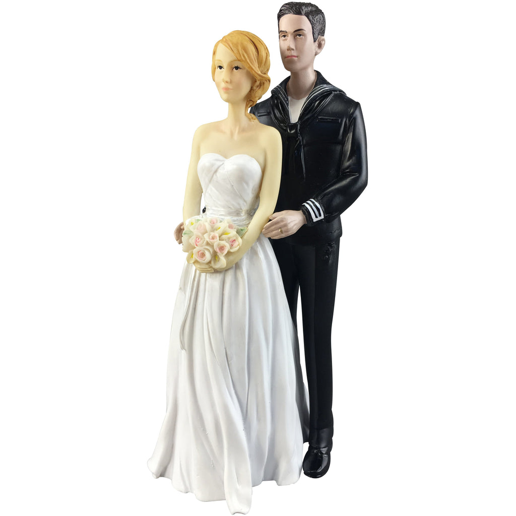Navy Wedding Cake Topper - Caucasian Bride and Groom - Wedding Collectibles