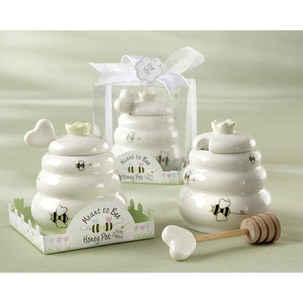 "Meant to Bee" Ceramic Honey Pot with Wooden Dipper - Wedding Collectibles