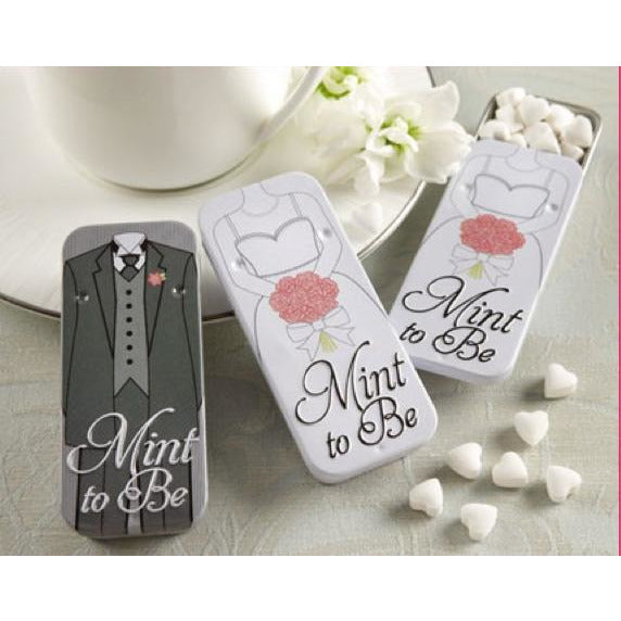 'Mint to Be' Bride and Groom Slide Mint Tins with Heart Mints - Wedding Collectibles