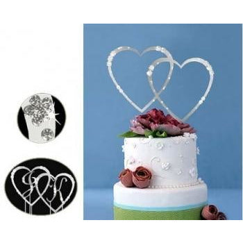 Monogram Silver Rhinestone Double Hearts Wedding Cake Topper with Crystals - Wedding Collectibles