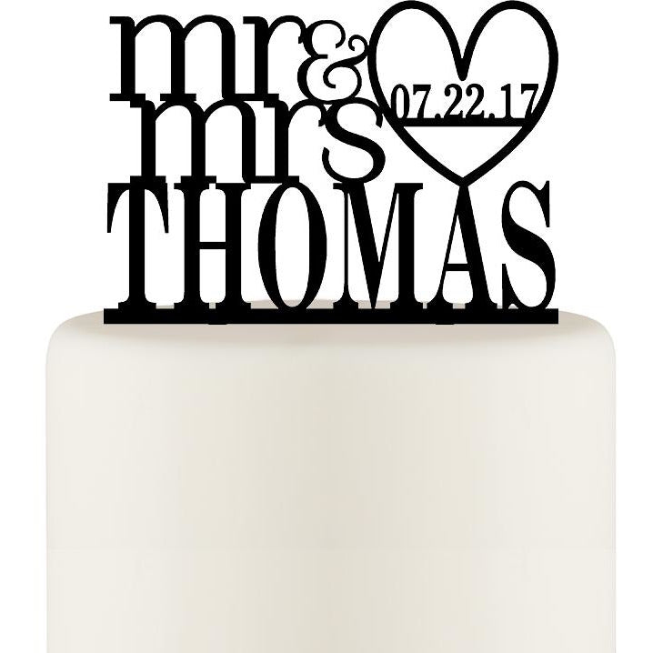 Mr and Mrs Heart Wedding Cake Topper with Your Last Name and Wedding Date - Wedding Collectibles