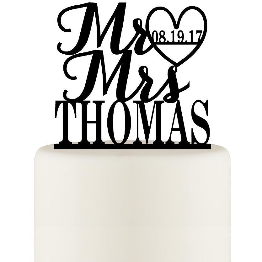 Mr and Mrs Wedding Cake Topper with Heart and Wedding Date - Custom Cake Topper - Wedding Collectibles