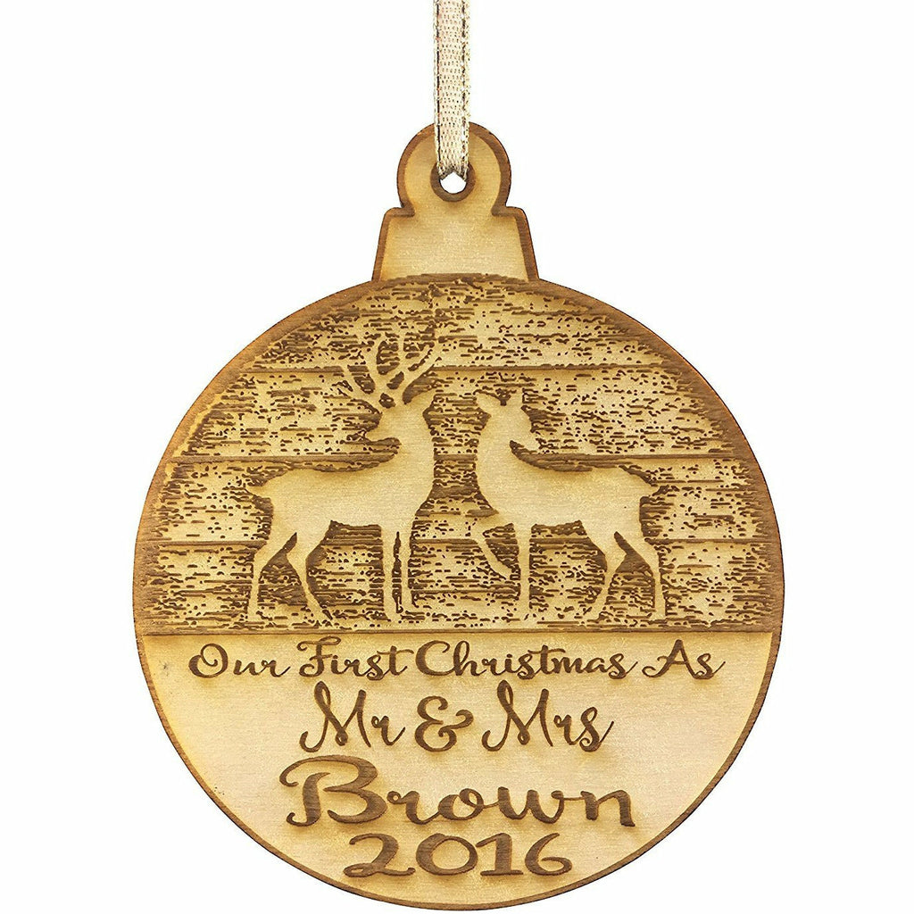 Our First Christmas Married Mr & Mrs Personalized Christmas Ornament - Newlywed Reindeer Design- Year Name Engraved Our First Christmas Gift Engagement Holiday Together Wood Custom Personalized - Wedding Collectibles