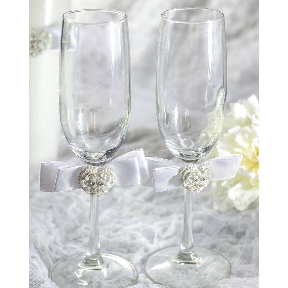 Rhinestone Pearlized Heart Rose Bouquet Wedding Toasting Glasses - Wedding Collectibles