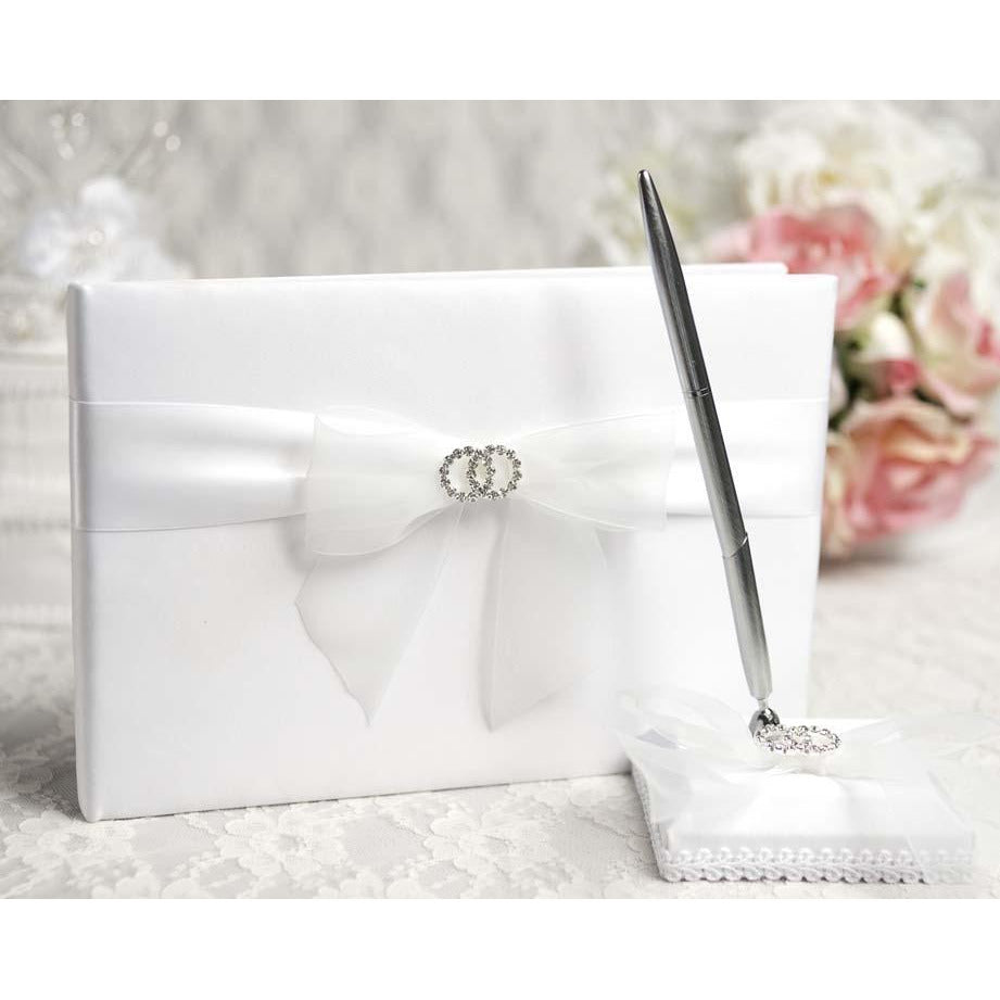 Rhinestone Rings Wedding Guestbook and Pen Set - Wedding Collectibles