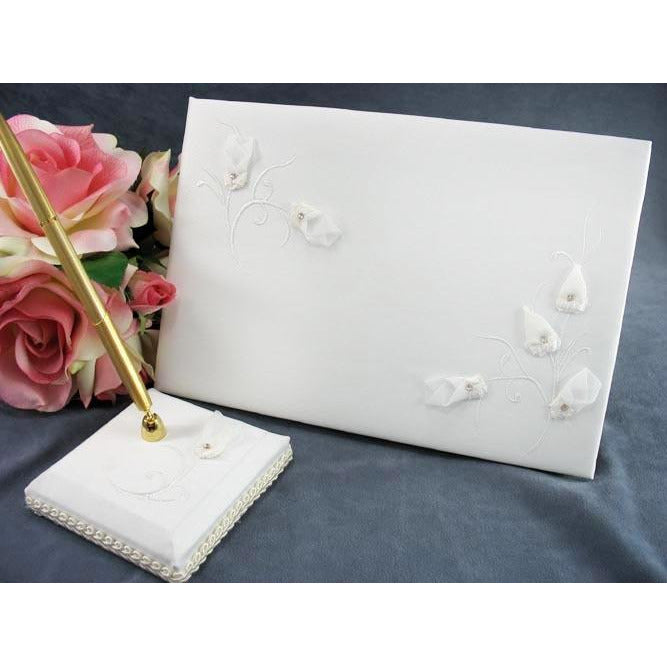 Rhinestone Rosebud Wedding Guestbook and Pen Set - Wedding Collectibles