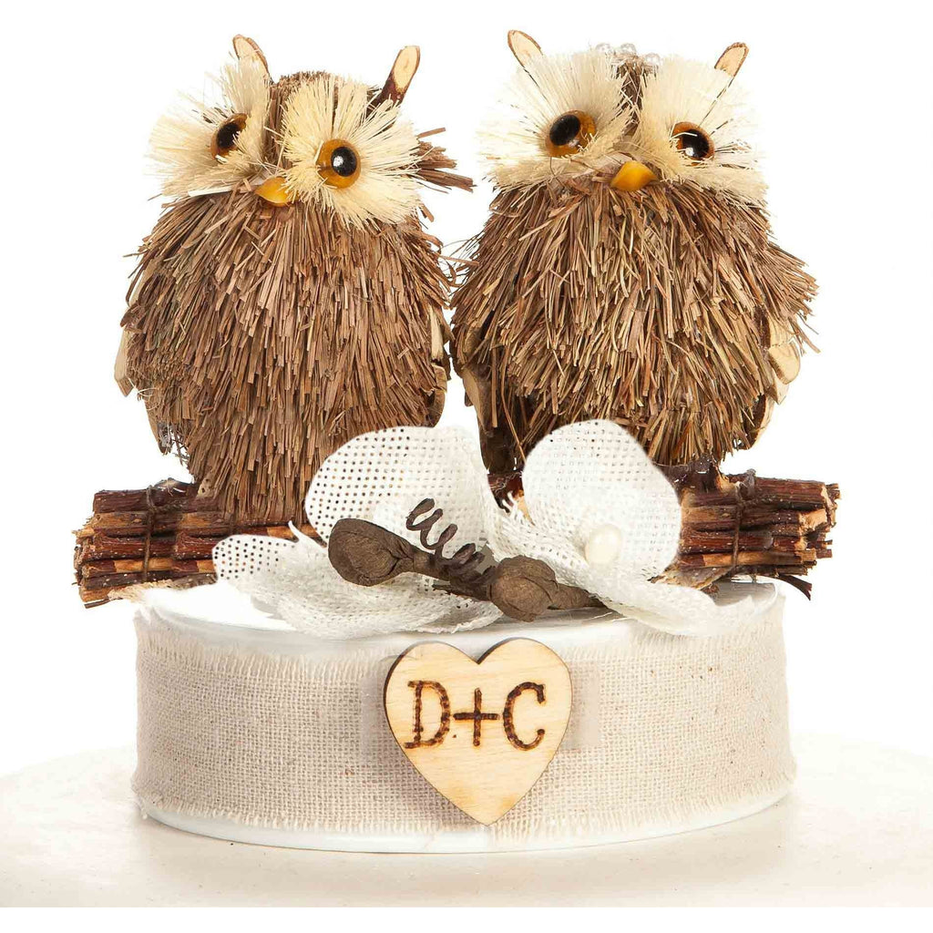 Rustic Owl Cake Topper - Brown Burlap Flowers - Wedding Collectibles