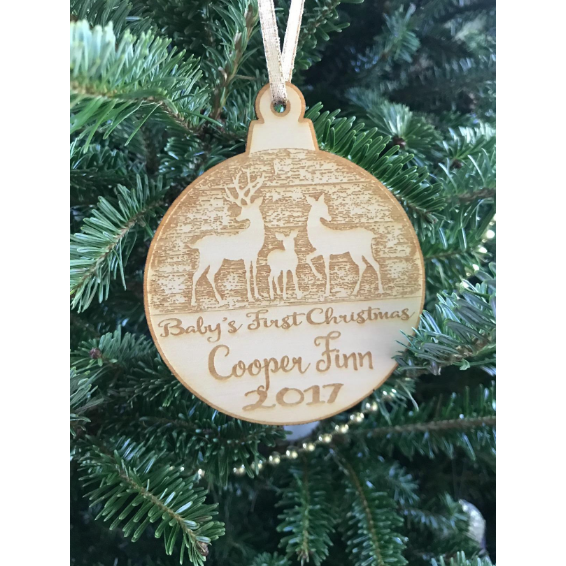 Baby's First Christmas Personalized Christmas Ornament - New Born Reindeer Design- Year and Baby's Name Engraved Baby First Christmas Gift Baby Shower Holiday Wood Custom Personalized - Wedding Collectibles