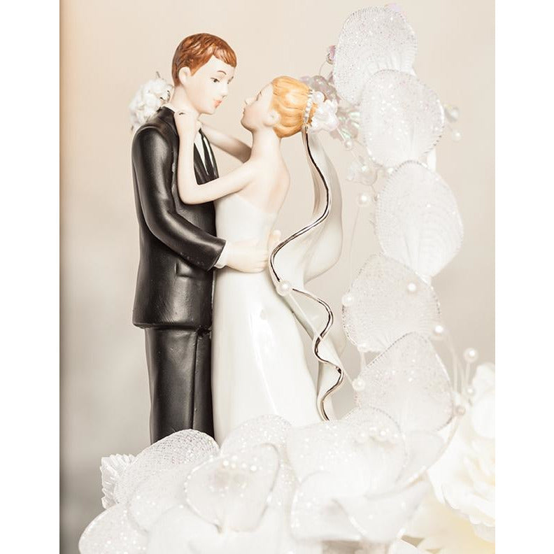 Silver and White Bride and Groom with Ivory Vintage Glitter Flower Wedding Cake Topper - Wedding Collectibles
