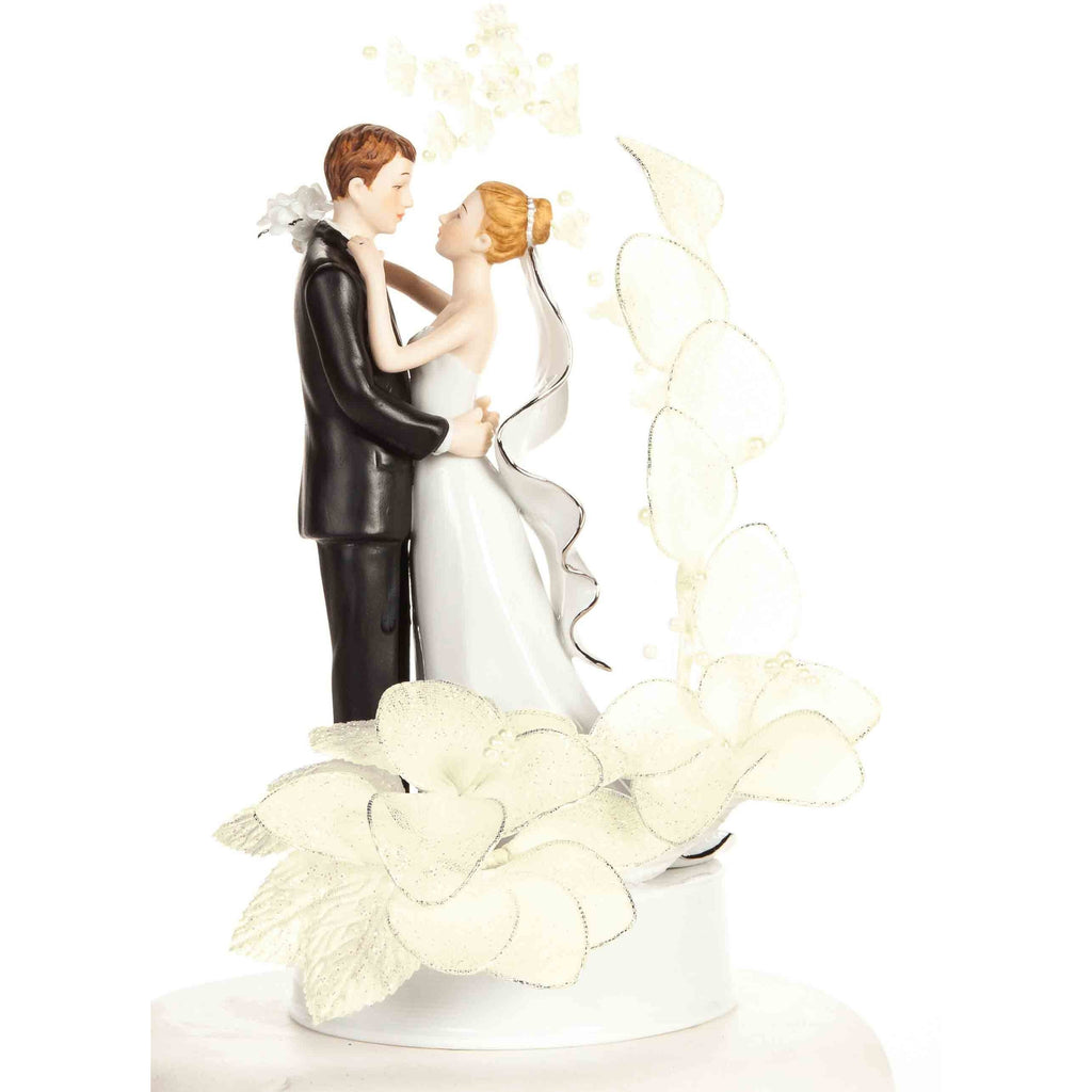 Silver and White Bride and Groom with Ivory Vintage Glitter Flower Wedding Cake Topper - Wedding Collectibles