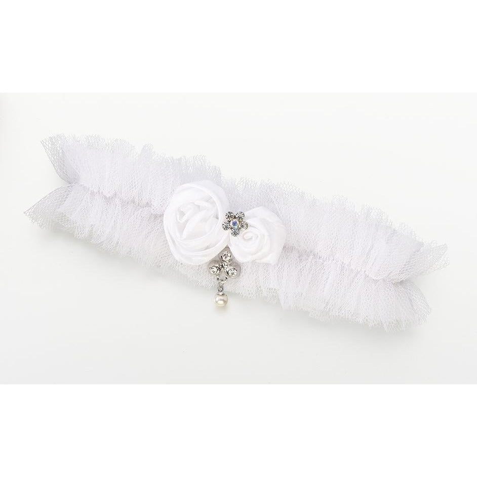 Tulle Garter w/Jewel-White - Wedding Collectibles