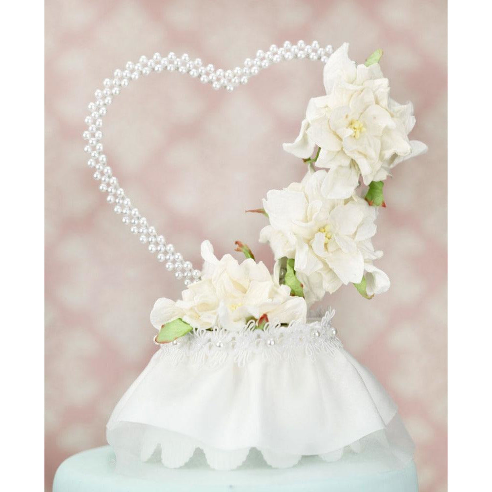 Vintage Paper Gardenia Cake Topper With Pearl Heart - Wedding Collectibles