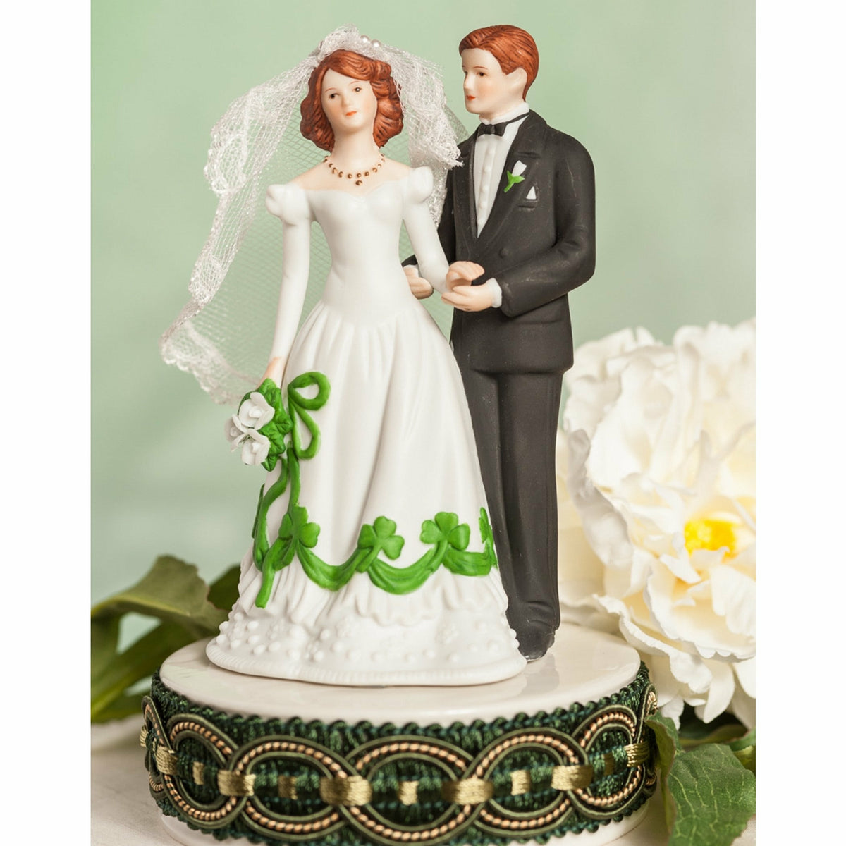 Irish Bride and Groom Shamrock Accent Wedding Cake Topper