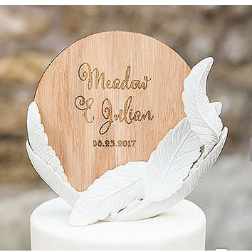 White Feather Porcelain Wedding Cake Topper With Personalized Veneer Disc In Feather Whimsy Design - Wedding Collectibles