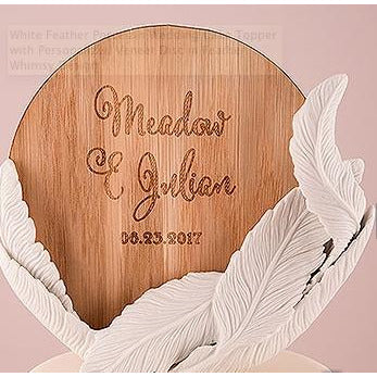 White Feather Porcelain Wedding Cake Topper With Personalized Veneer Disc In Feather Whimsy Design - Wedding Collectibles