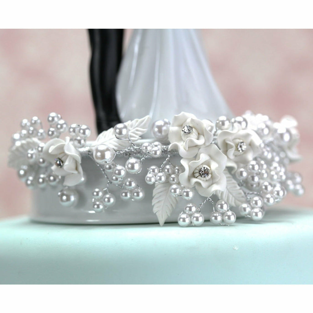 White and Silver Vintage Rose Pearl Tender Touch Wedding Cake Topper - Wedding Collectibles