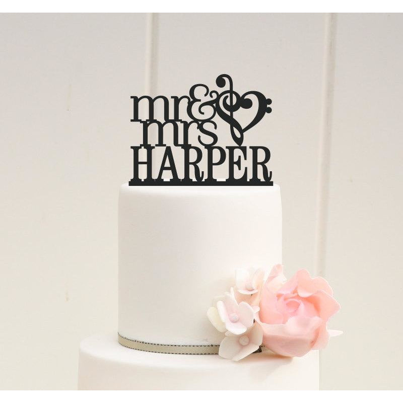 Music Note Heart Wedding Cake Topper Mr and Mrs Cake Topper with Your Last Name - Wedding Collectibles