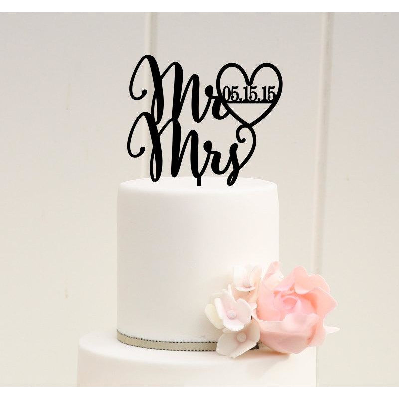 Wedding Cake Topper Mr and Mrs Cake Topper with Heart and Wedding Date - Wedding Collectibles