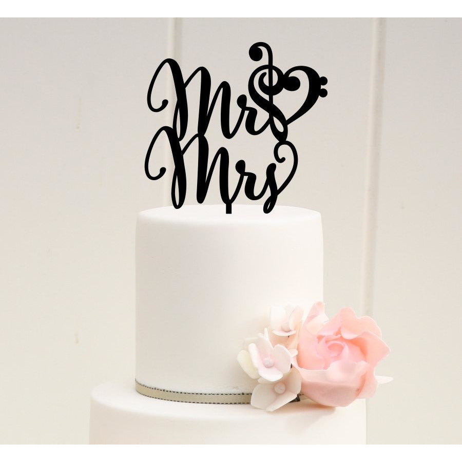 Mr and Mrs Wedding Cake Topper with Music Note Heart - Treble and Bass Clef Heart Custom Cake Topper - Wedding Collectibles