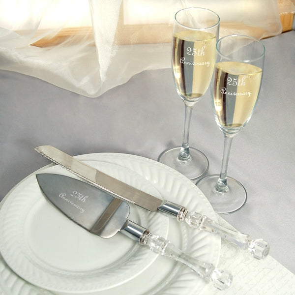 25th Wedding Anniversary Flutes & Cake Server Set - Wedding Collectibles