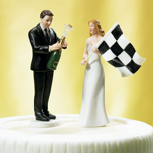 Bride at Finish Line with Victorious Groom Figurine Wedding Cake Topper - Wedding Collectibles