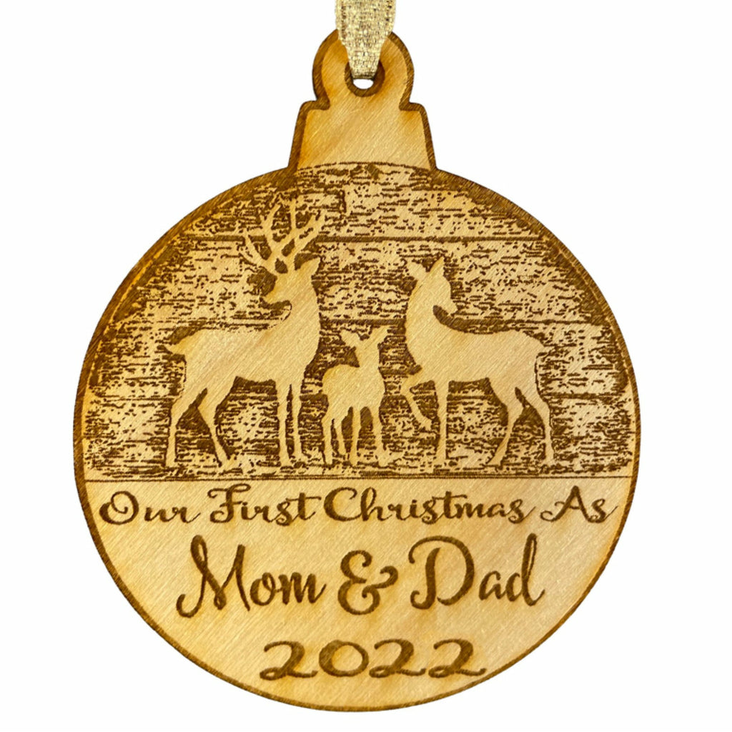 Mom and Dad's First Christmas Christmas Ornament (2022) - New Born Reindeer Design- Year and New Parents Engraved Baby First Christmas Gift Baby Shower Holiday Wood - Wedding Collectibles