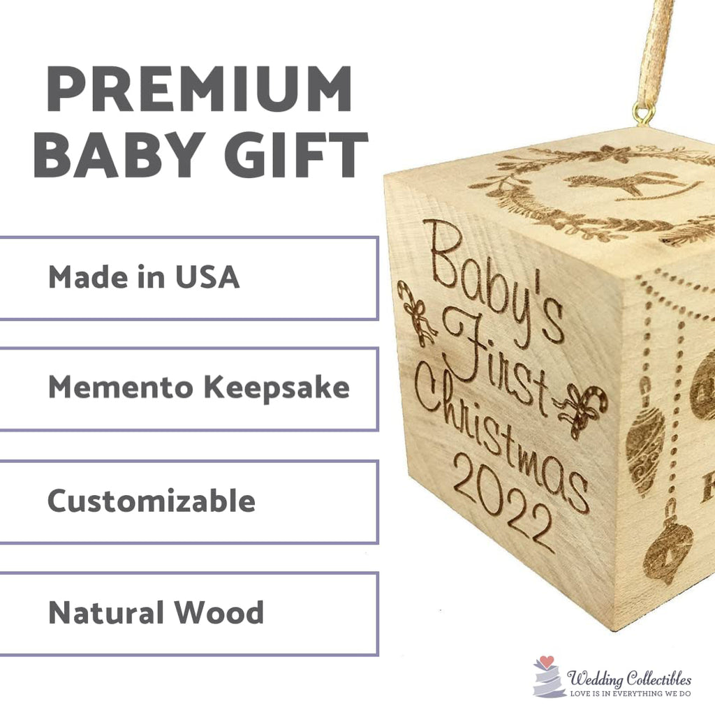 Custom Engraved BIG Baby's First Christmas Ornament Wood Baby Block (2.5”) - Wedding Collectibles