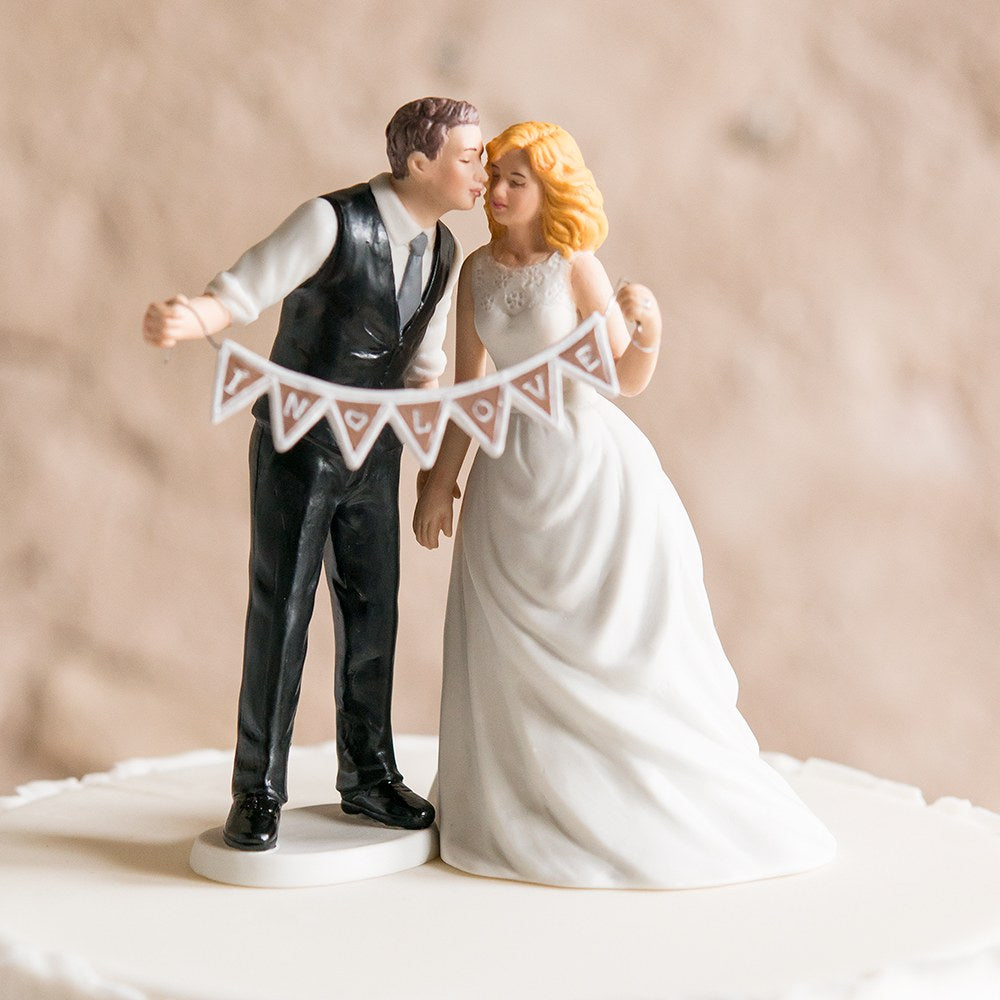 Shabby Chic Bride And Groom Porcelain Figurine Wedding Cake Topper With Pennant Sign - Wedding Collectibles