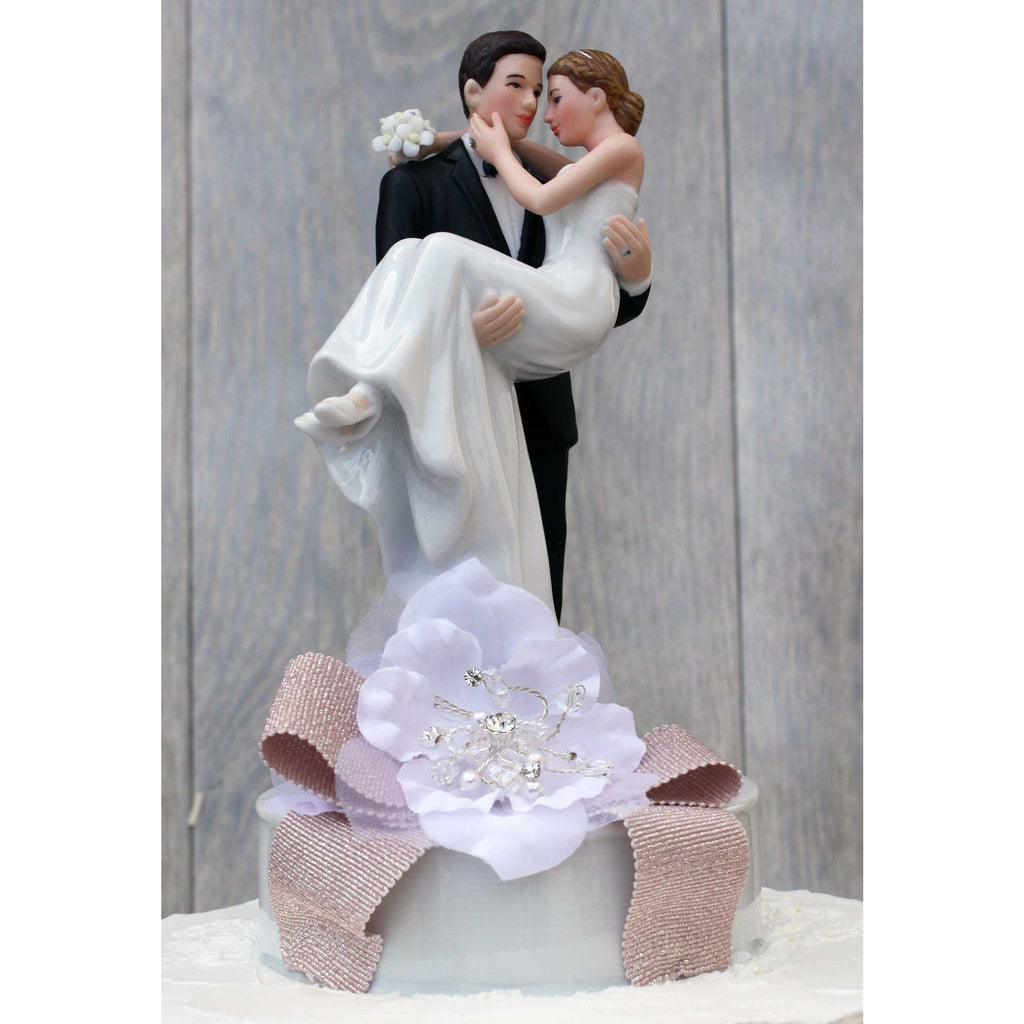 Ribbon Accent Groom Holding the Bride Wedding Cake Topper - Wedding Collectibles