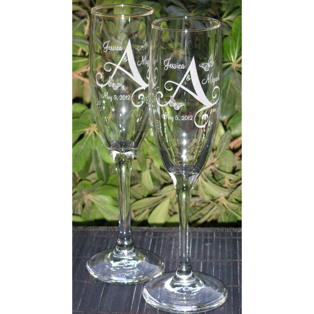 Butterfly Monogram Toasting Wedding Champagne Glass Flutes (Pair) - Wedding Collectibles