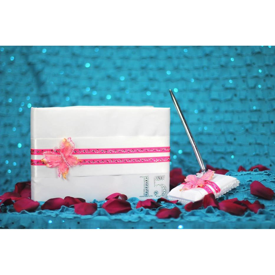 Butterfly Princess Quinceanera Guestbook & Pen Set - CUSTOM COLORS! - Wedding Collectibles